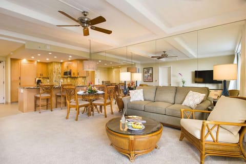 Premier Condo, 1 Bedroom, Kitchen, Ocean View | Living room | 30-inch flat-screen TV with cable channels, TV