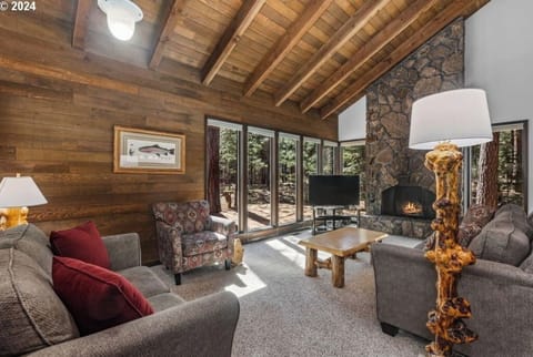 Open living room overlooking forest with cozy fireplace and Roku enabled TV. 