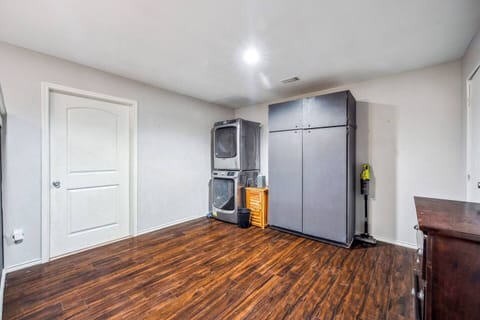 The cabin includes a convenient laundry area, equipped with a washer and dryer for guests who prefer to do laundry during their stay. It’s a practical feature that adds extra convenience for longer stays.