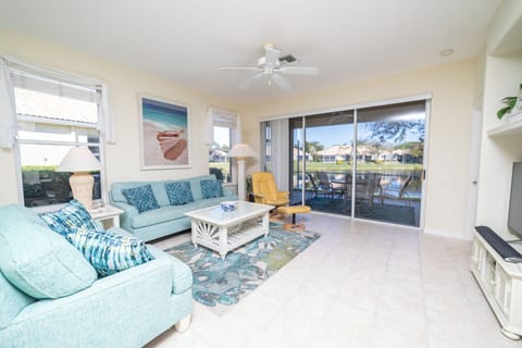 Bright living space with lake views.