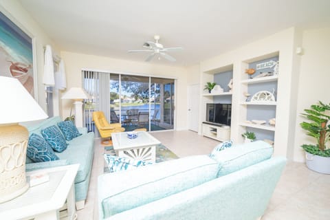 Bright living space with lake views.