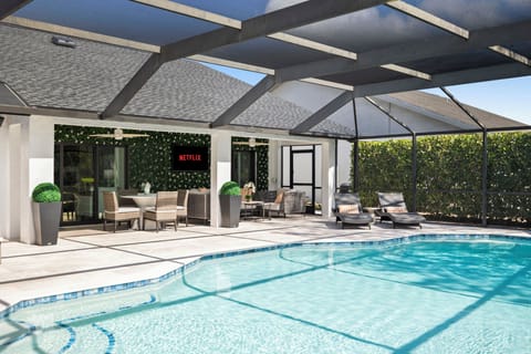 Salt-water, heated, pebble finish pool, 3 sheer descents, color changing lights