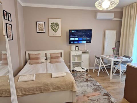 A bright and cozy studio apartment featuring a double bed with soft beige bedding and decorative pillows. The room is decorated in neutral tones, with framed wall art and a patterned rug adding a warm and welcoming atmosphere.