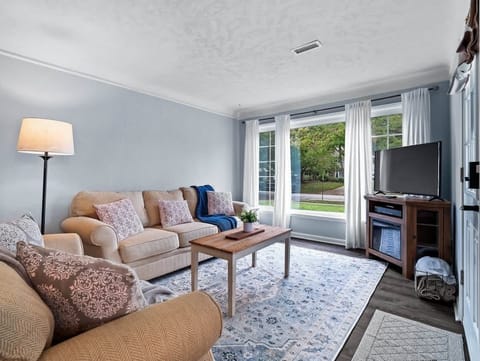 Bright living room w/ cozy seating, TV & large windows bringing in natural light