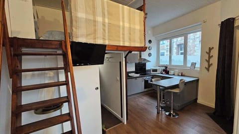 Cuisine ouvert sur le salon et équipée avec four, plaques de cuisson, machine à café, bouilloire, micro-ondes, frigo. 
Coin repas pour deux personnes grâce aux deux tabourets.
Escalier menant à la mezzanine où se trouve le lit double.