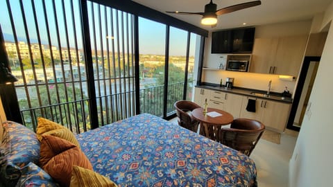 Northeast facing studio with king bed & full kitchen.