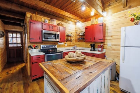 Bird`s Eye View – Fully equipped kitchen with stainless appliances and rustic red cabinetry.