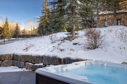 Hot Tub Patio - Large patio with hot tub, outdoor seating, forest views and sliding doors to wet bar inside