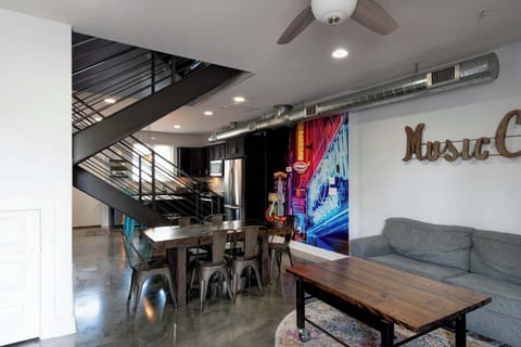 Open living, dining, kitchen space