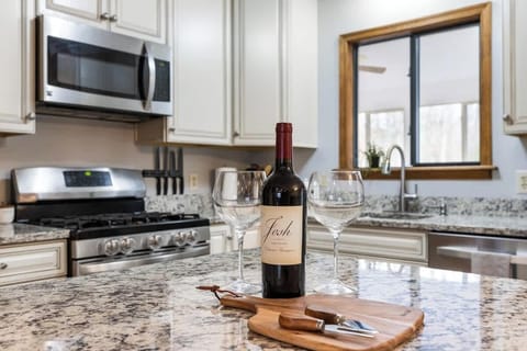 Our kitchen is equipped with everything from a wine glasses to a hot water kettle, ensuring you have all the comforts of home for your meals