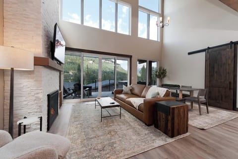 Main Living Space - TV, Gas Fireplace, Deck and views