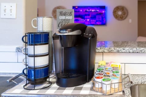 Morning coffee with Keurig and coffee options and plenty of coffee mugs!