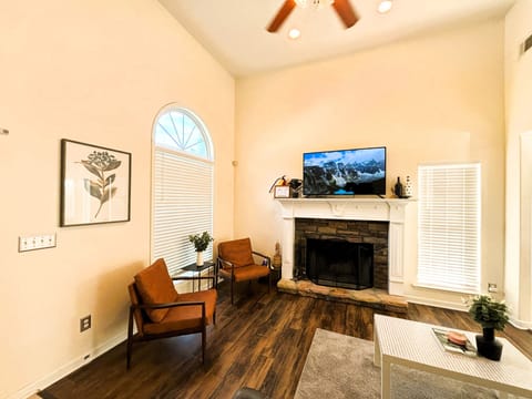 Spacious living room with high ceiling