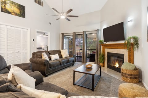 Modern, spacious living area with TV and fireplace