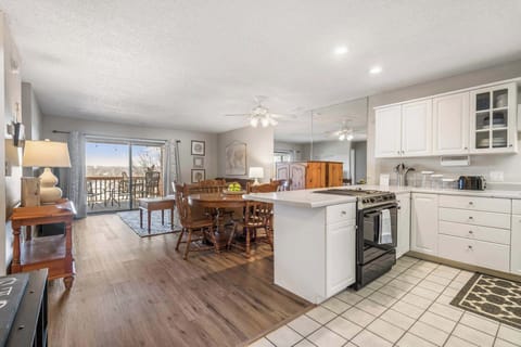 Kitchen, dining, and living area