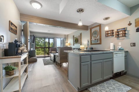 Open living space with Queen sofa sleeper, TV, and deck access