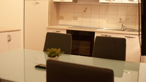 Fridge, microwave, dining tables