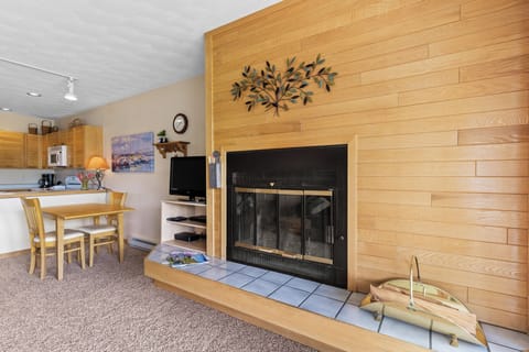 Living room featuring a queen size sleeper sofa, TV, and wood burning fireplace.