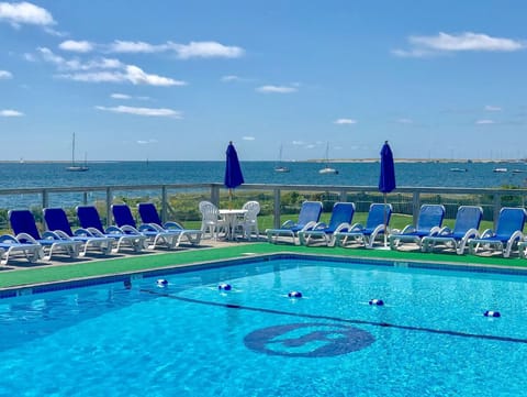 Unwind poolside while sailboats drift across the bay.