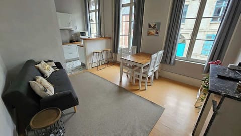 Salon ouvert sur la cuisine, avec canapé convertible pour une personne, télévision et table à manger pour quatre personnes.