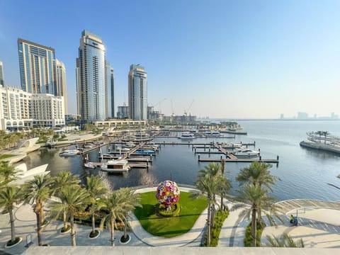 Beautiful boats in a big water bay with tall buildings and green trees.