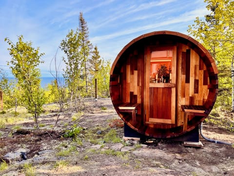 Panoramic cedar barrel sauna (electric) overlooking Lake Superior