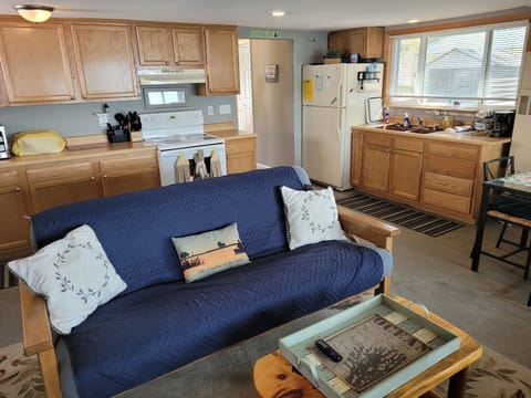 LIVING ROOM: Cozy living room with a futon, chair, streaming television, and a great view of Van Etten Lake!
