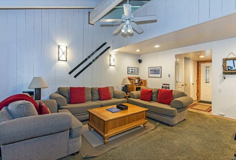 Living room w/ wood burning fireplace and TV