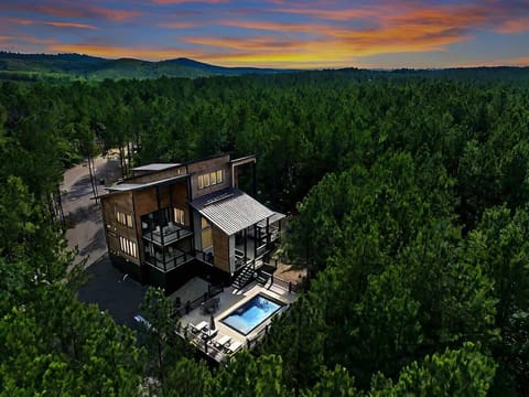 A breathtaking aerial view of a contemporary luxury cabin surrounded by lush pine trees, featuring a stylish design with large windows, an outdoor pool, and a relaxing deck area. Perfect for nature retreats and vacation getaways.