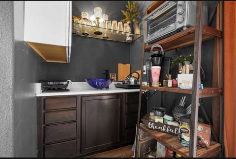 Kitchen w toaster oven, coffee, stove FULL SIZE REFRIGERATOR 
