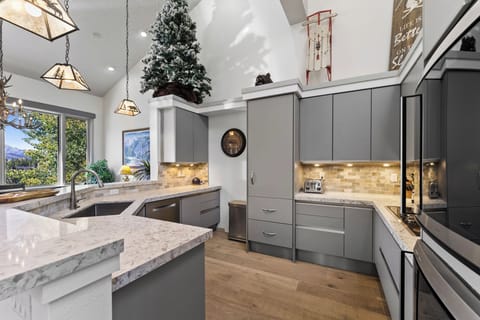 Full kitchen featuring granite countertops, induction stovetop, double wall oven, and an integrated refrigerator blending into the cabinetry.