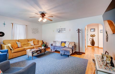 Mid Century Themed. Roku TV, board games, record player, sofa sleeper (full)