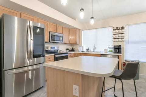 Kitchen with all the necessities to cook meals and an upgraded fridge
