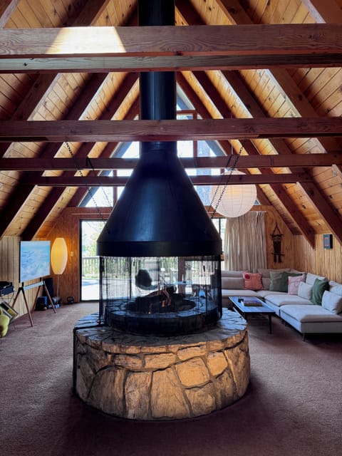 Rare Carousel fireplace. Uses gas logs so instant on and no need to stack wood or worry about fire going out.