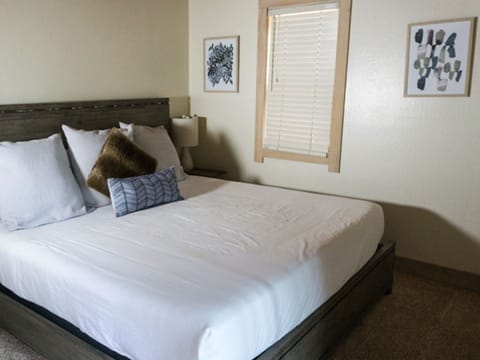 Cozy bedroom adorned with mountain décor, offering a comfortable queen-sized bed and tranquil views.