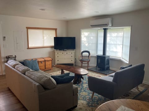 Living room with smart tv, propane fireplace, and sleeper sofa