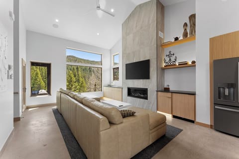 Top floor living area with ample seating, fireplace, dry bar with wine fridge, and large windows with stunning views.