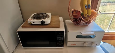 In the mini kitchenette, microwave, single burner, toaster oven, mini fridge