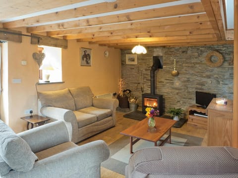Lounge with wood burner, two sofas, armchair, coffee table, TV and window