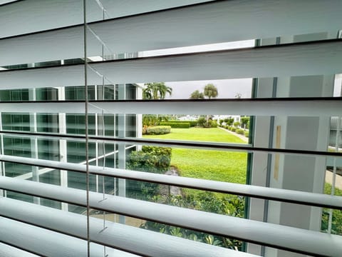 View from dining room to pool area garden