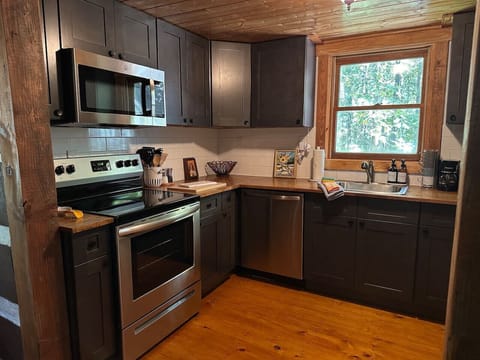 Stocked kitchen with stainless steel appliances: - Microwave- Stove and Oven (Electric)- Dishwasher- Fridge and Freezer