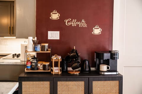 Coffee lovers rejoice! Drip machine, K-cups, French press, electric kettle, grinder, coffee, syrups, creamer, and more