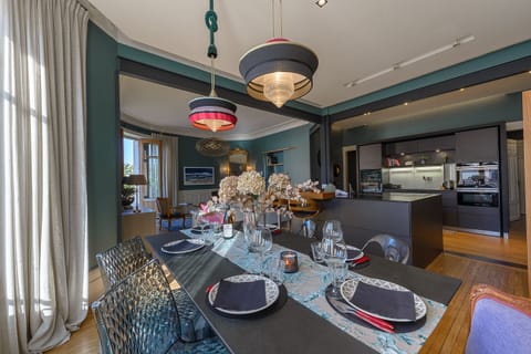 Spacious dining room with city views