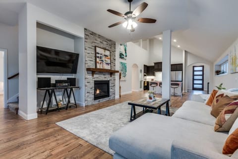 View from the couch, looking towards the kitchen and front door