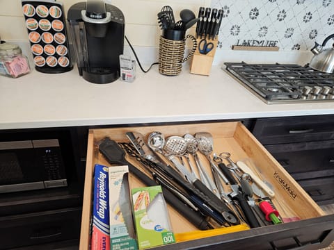 grill ware/utensils 
microwave, keurig 