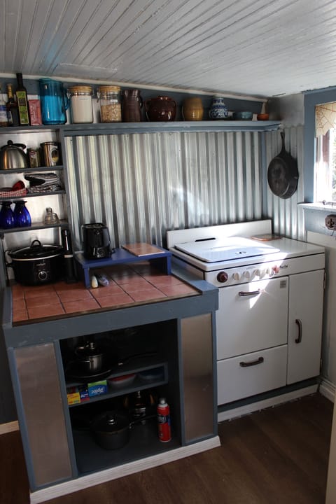 kitchen with restored antique gas stove