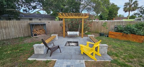 Outdoor seating, fire pit, garden and firewood