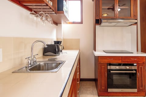 Stove with cook top, pans, etc. make meals at home a breeze. 