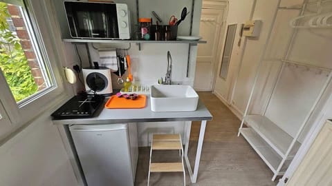 Kitchenette ouverte sur l'espace chambre, équipée avec plaque de cuisson, machine à café, micro-ondes et petit réfrigérateur.
