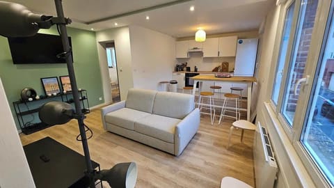 Salon avec canapé convertible et télévision.
Le salon est ouvert sur la cuisine et l'espace repas.